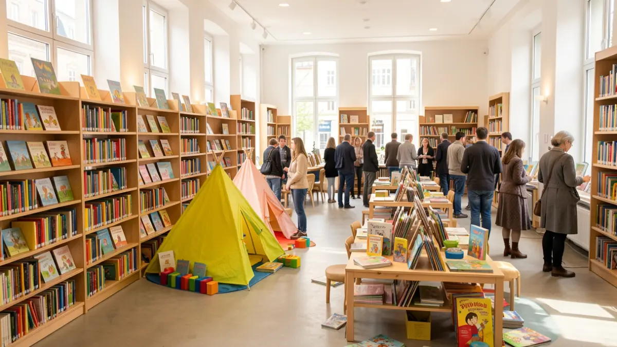 Generic image of a library interior decorated for a children's literary festival with games and reading nooks.