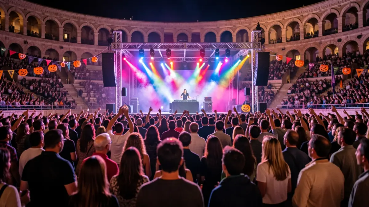 Imagen de un festival de música electrónica en la Plaza de Toros de Moralzarzal con la DJ Sofía Cristo actuando.