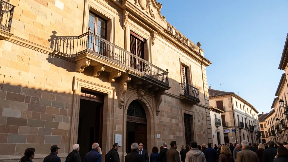 Generic image of a stone town hall facade with a balcony and iron railings, under afternoon sunlight.