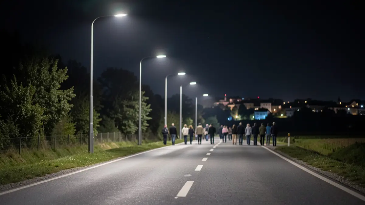 Imagen genérica de una carretera rural iluminada por farolas modernas por la noche.