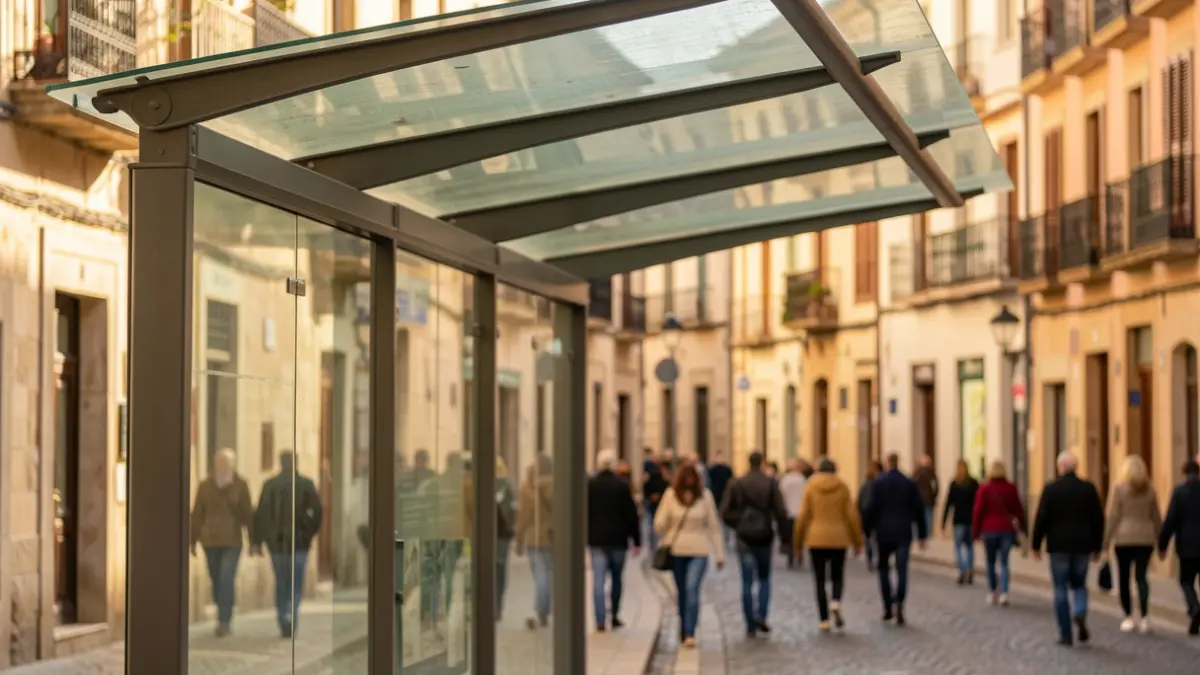 Generic image of a modern bus stop shelter with a blurred urban background.