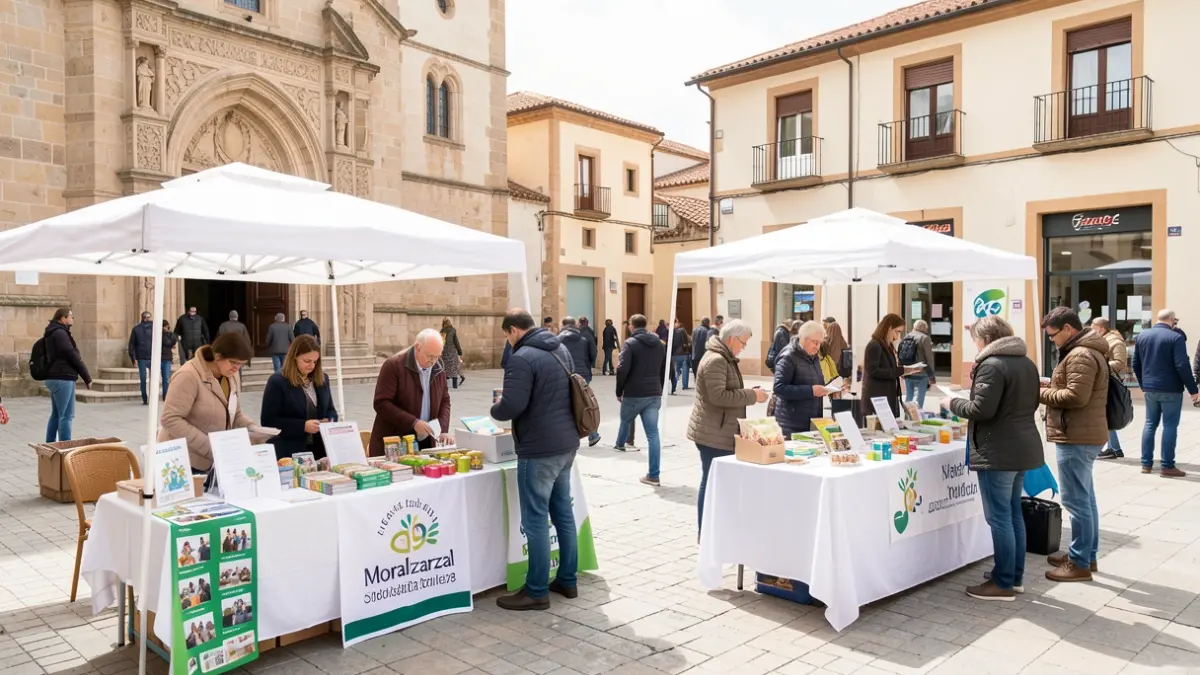 Generic image of two information and solidarity tables set up in a public square in Moralzarzal, with residents approaching to get information and show their support.