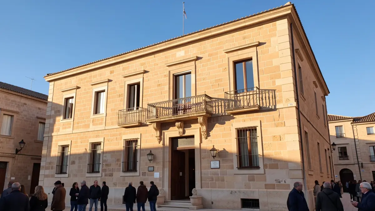 Fachada del Ayuntamiento de Móstoles con balcón y luz de tarde.