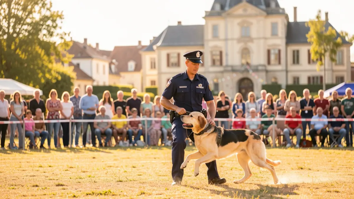 Imagen genérica de un agente de policía y su perro realizando un ejercicio en un recinto al aire libre.