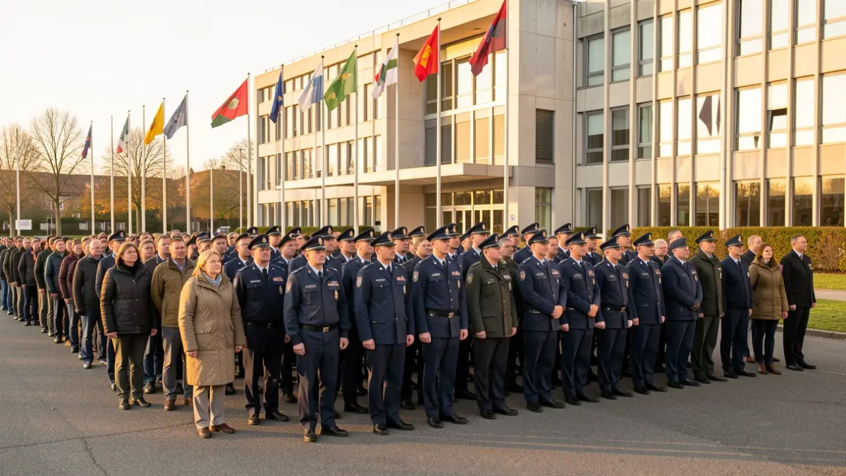 Generic image of a uniformed group of volunteers in front of an institutional building with flags.