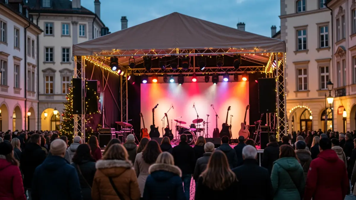 Image of an outdoor stage decorated with Christmas lights in a square at dusk, with silhouettes of musical instruments.