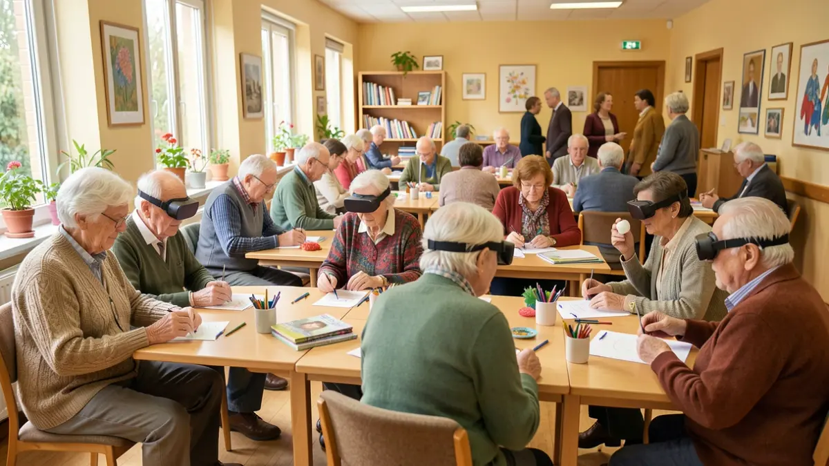 Image of elderly people participating in active aging activities in a cultural center.