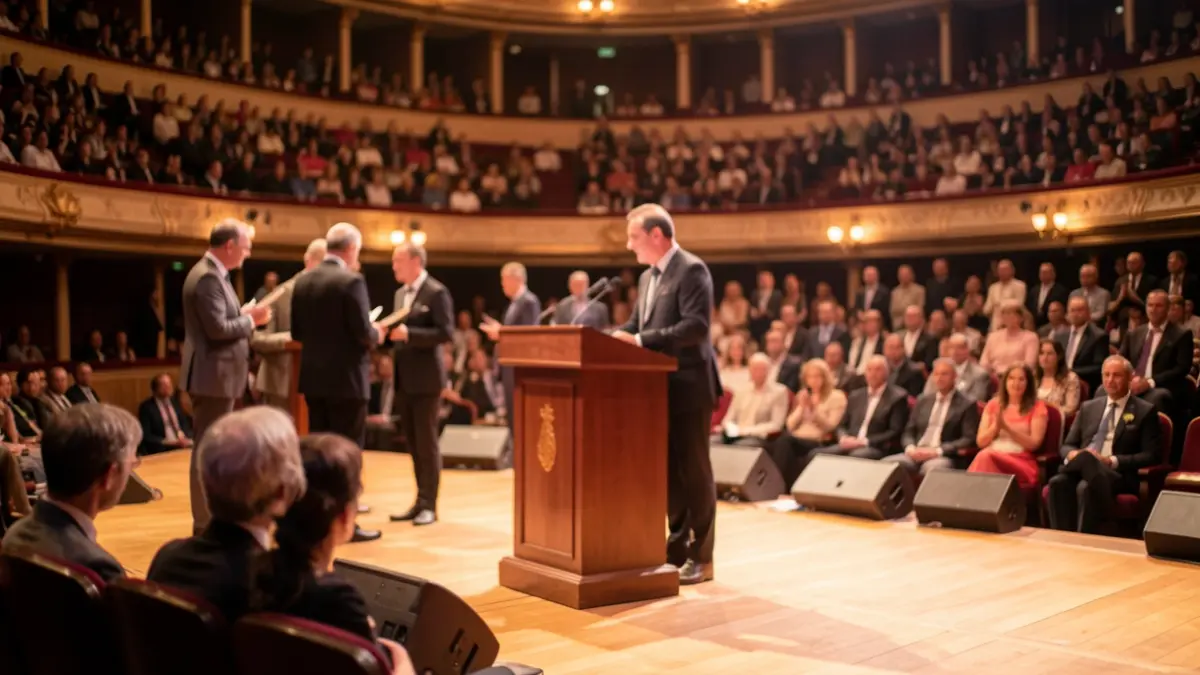 Generic image of a sports awards ceremony in a theater, featuring a podium and figures receiving recognition.