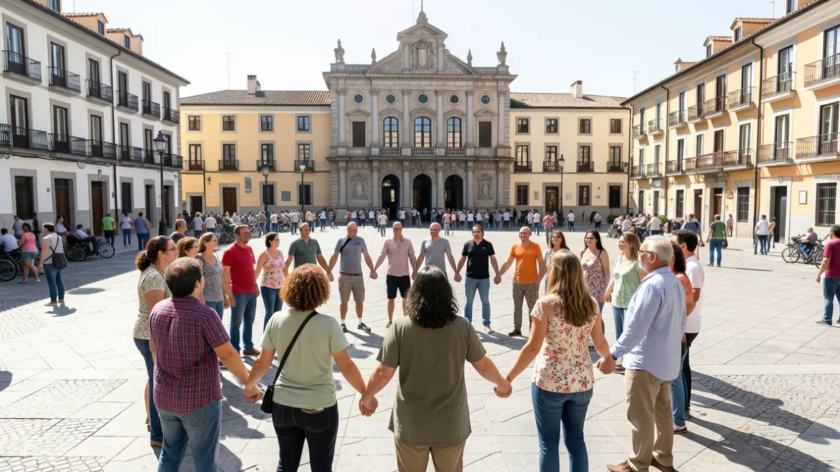 Imagen genérica de voluntarios celebrando en una plaza de Móstoles.