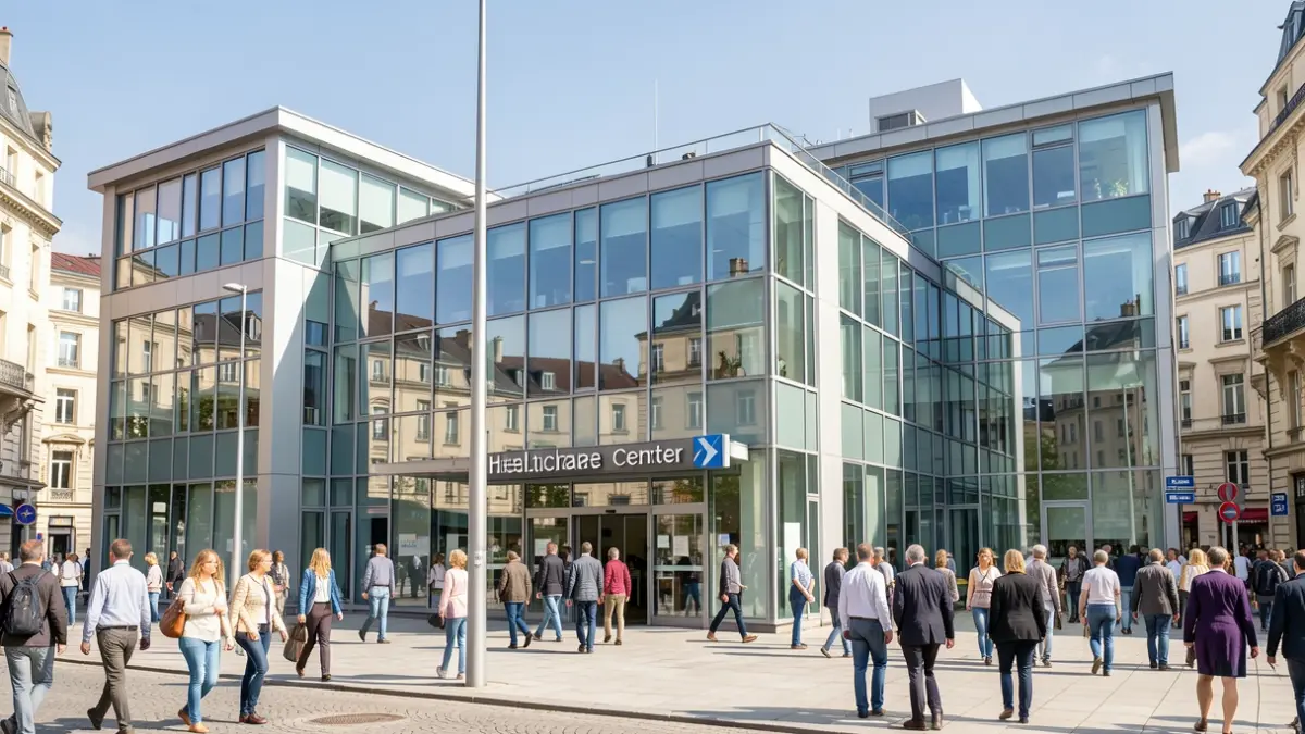 Imagen genérica de la fachada de un centro de salud moderno en un entorno urbano soleado.