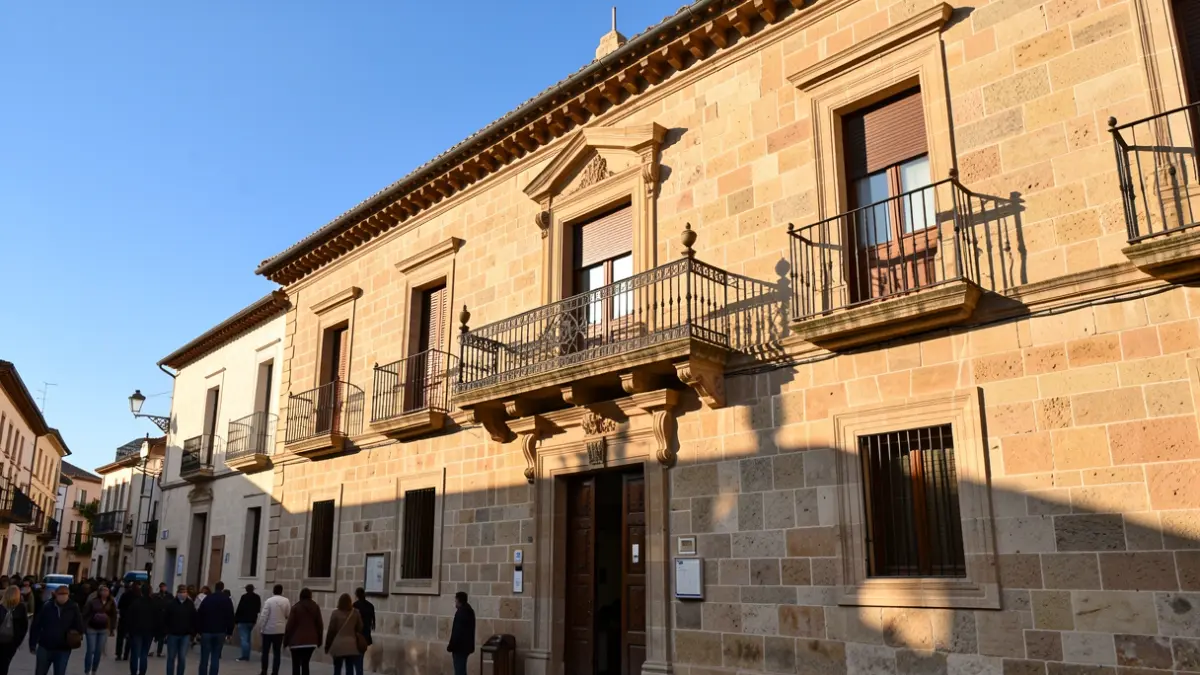 Fachada del Ayuntamiento de Móstoles con balcón y barandillas de hierro, iluminada por el sol de la tarde.