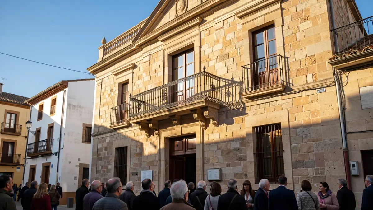 Generic image of a stone town hall facade with an iron balcony, under afternoon sunlight.