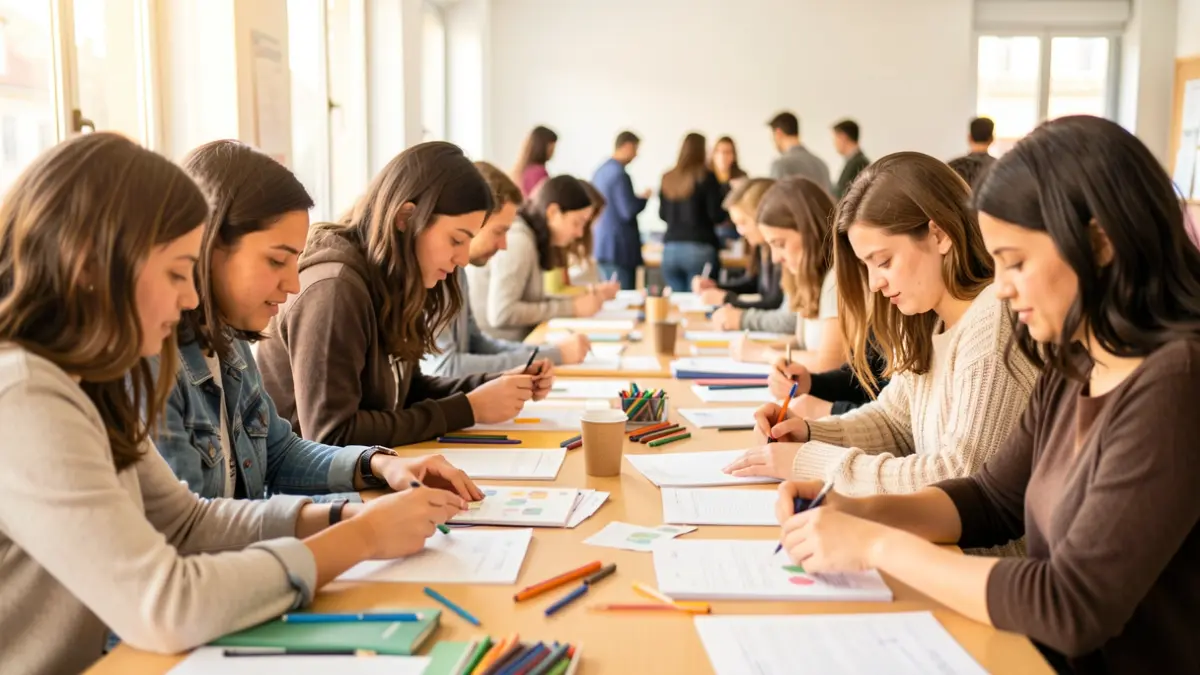 Imagen genérica de un aula moderna en Madrid con estudiantes y profesores participando en una actividad educativa.