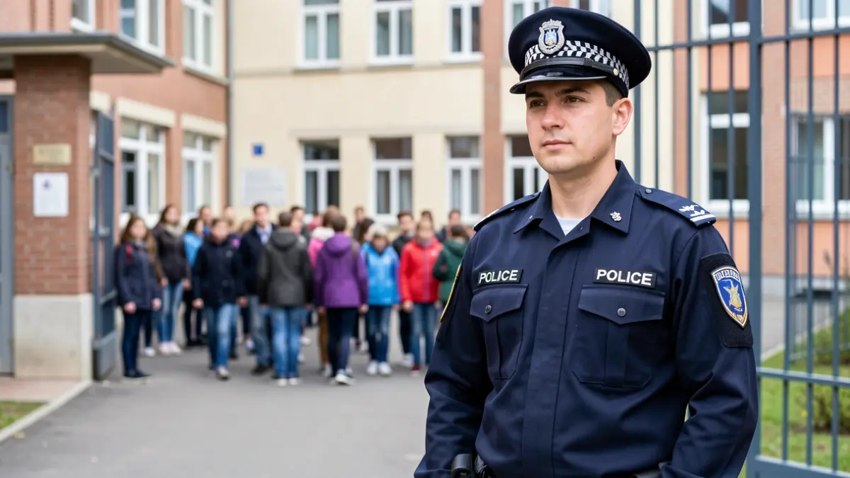 Generic image of a police officer at the entrance of a school, with blurred students in the background.