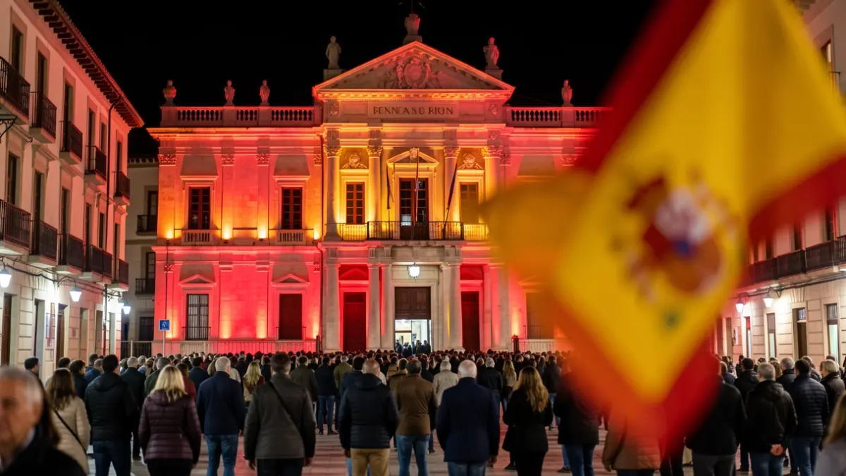 Facade of the Móstoles Town Hall illuminated in red and gold.