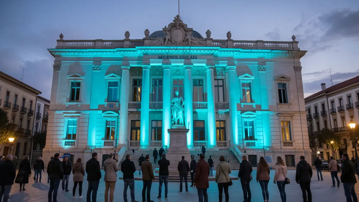 Facade of the Móstoles Town Hall and the statue of Andrés Torrejón illuminated in turquoise blue to commemorate International Dyslexia Day.