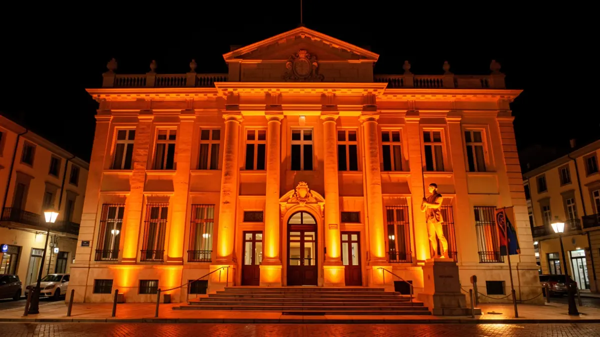 Generic image of the Móstoles Town Hall facade and the statue of Andrés Torrejón illuminated in orange.