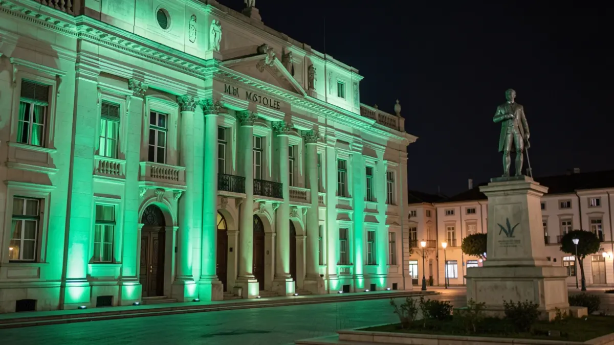 Facade of the Móstoles City Hall illuminated in green for World Meningitis Day.