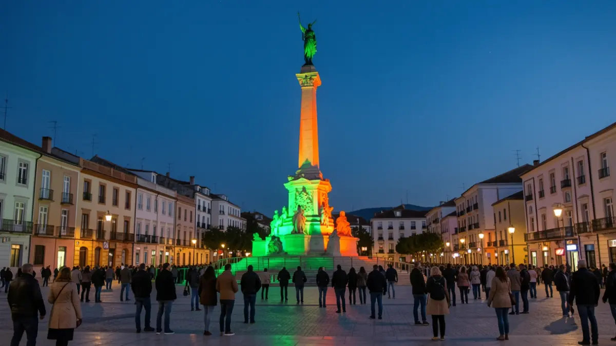 Imagen genérica de un monumento iluminado con luces verdes y naranjas por la noche.