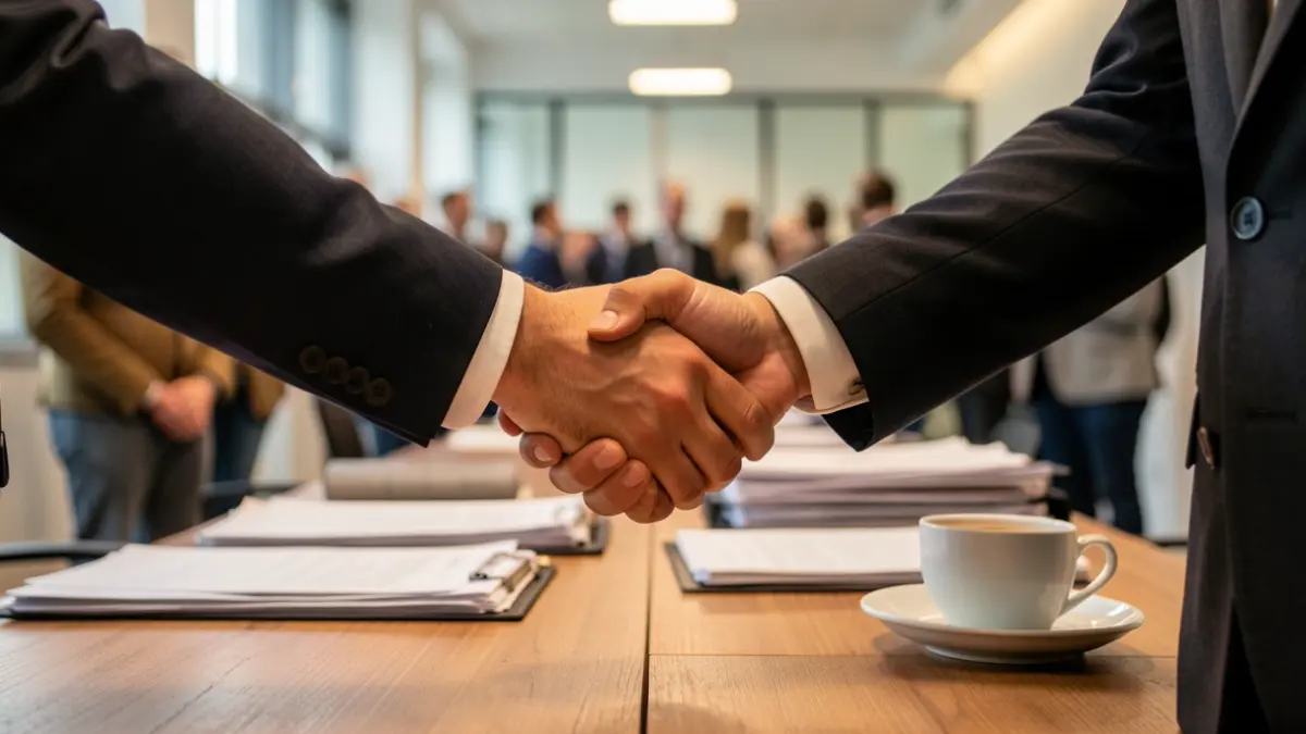 Generic image of two hands shaking over a desk with papers and a coffee cup.