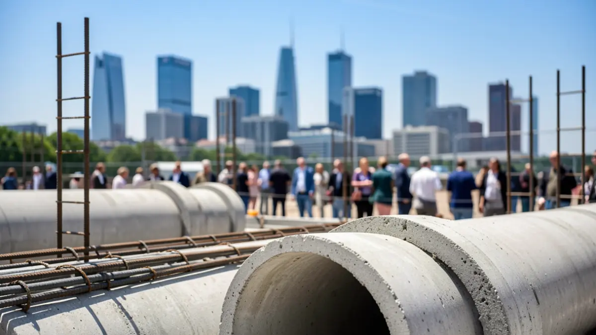 Generic image of construction pipes and a blurred urban skyline.