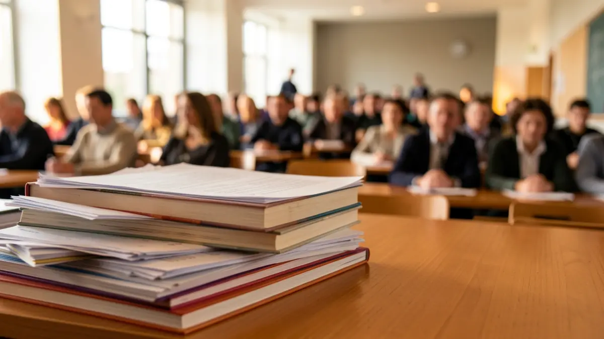 Generic image of books and papers on a desk in a university lecture hall.