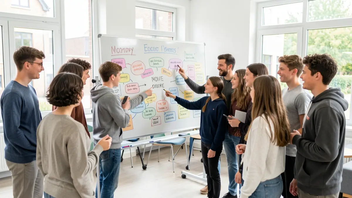 Imagen genérica de un grupo de jóvenes participando en una reunión, con ideas anotadas en una pizarra.