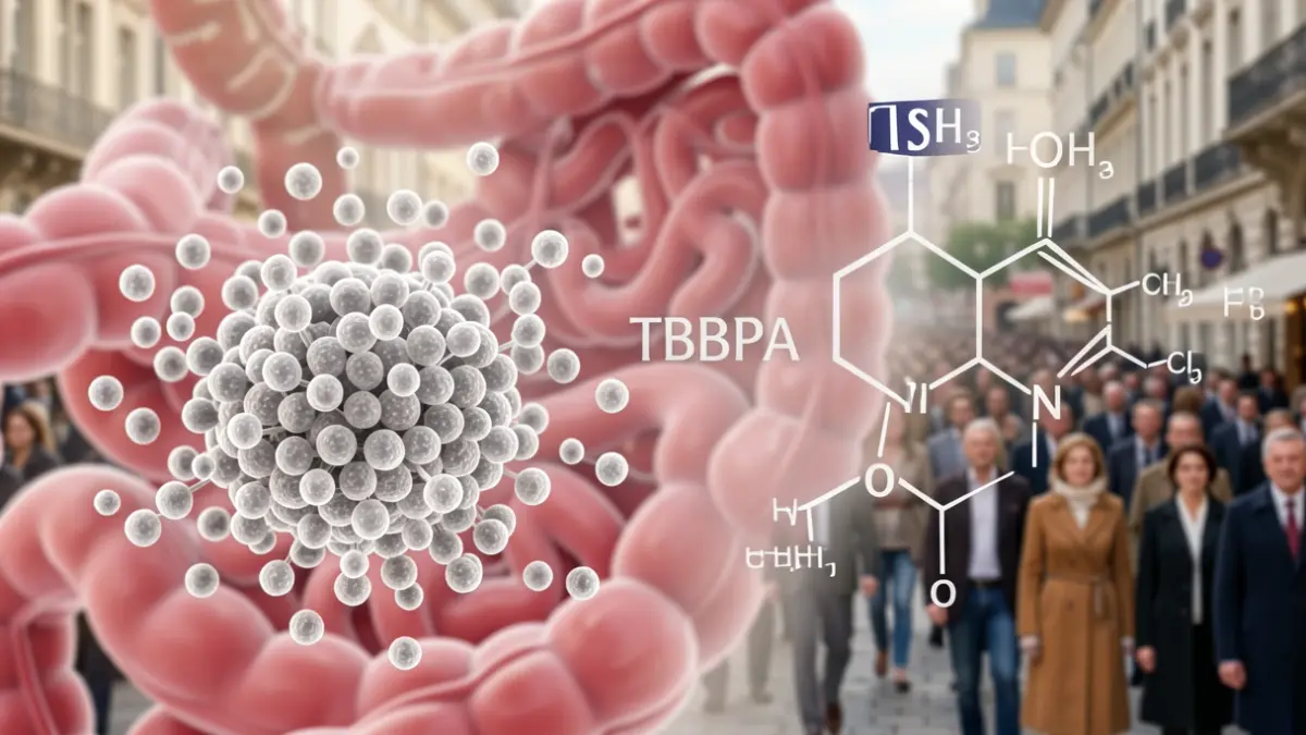 Imagen genérica de nanoplásticos y una estructura química sobre células intestinales humanas.