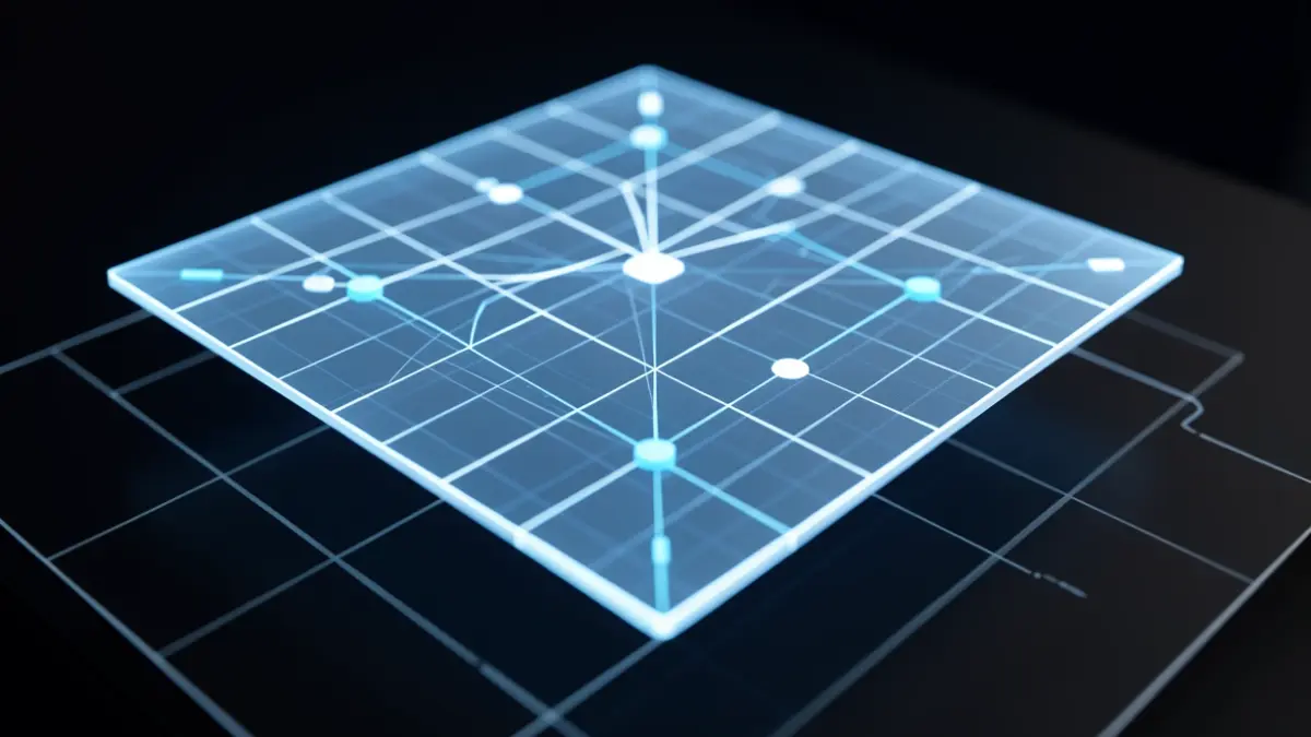 Representación digital de una estructura laminada compuesta con una malla y nodos de sensores.