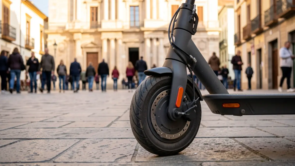 Primer plano de la rueda de un patinete eléctrico aparcado en una acera adoquinada, con la fachada borrosa de un ayuntamiento tradicional al fondo bajo la luz del sol de la tarde.