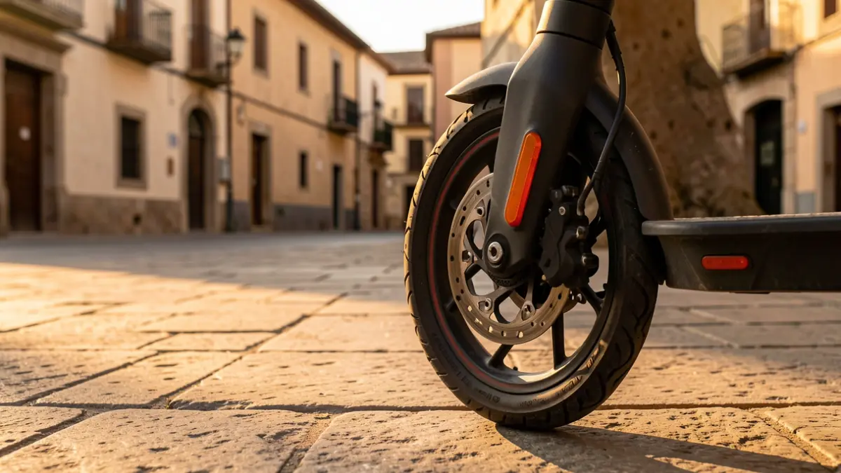 Close-up of an electric scooter wheel parked in a square in Moraleja de Enmedio at dusk.