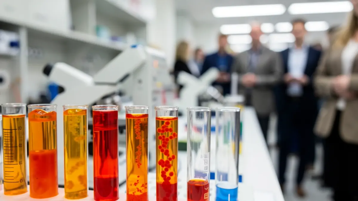 Imagen genérica de tubos de ensayo con pigmentos bacterianos de colores vibrantes, en un entorno de laboratorio.