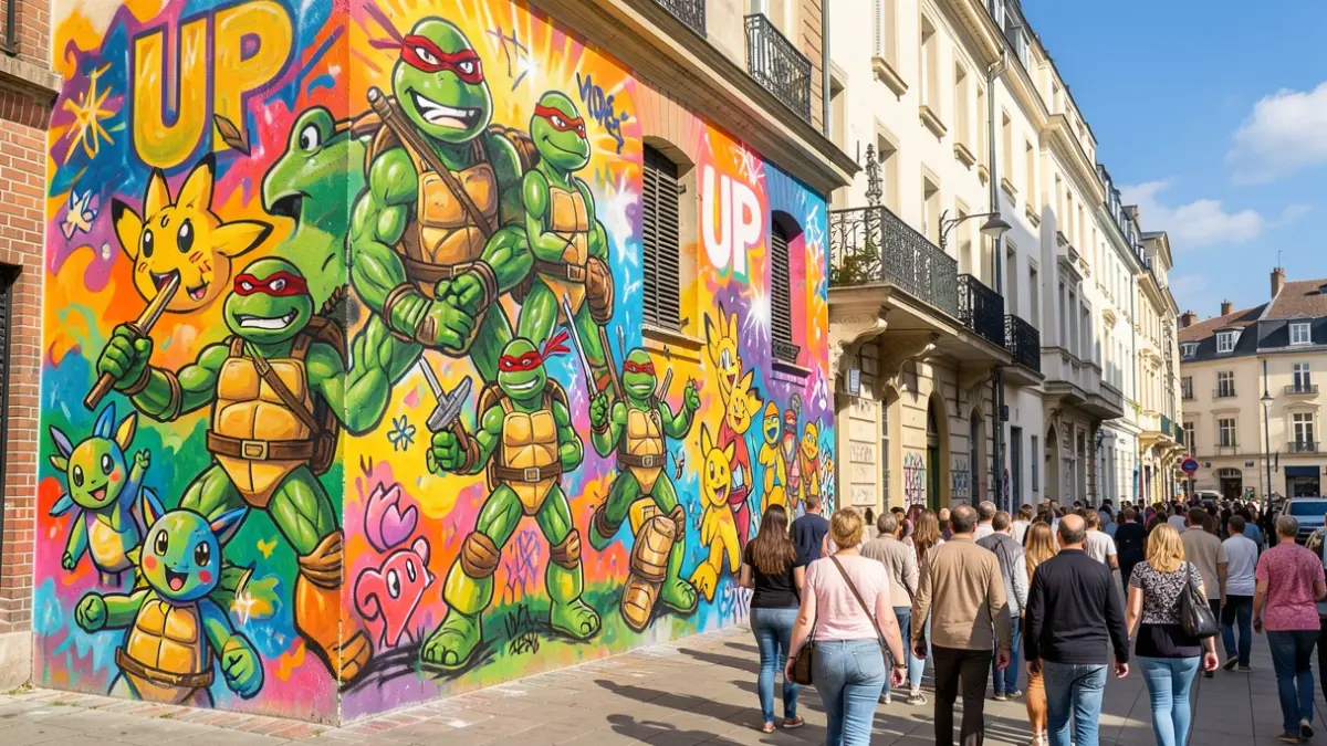 Generic image of an urban art mural with colorful graffiti inspired by movies and current themes.