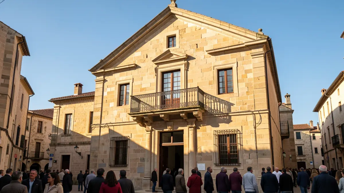 Generic image of a stone town hall facade with a balcony and iron railings, in the afternoon sunlight.