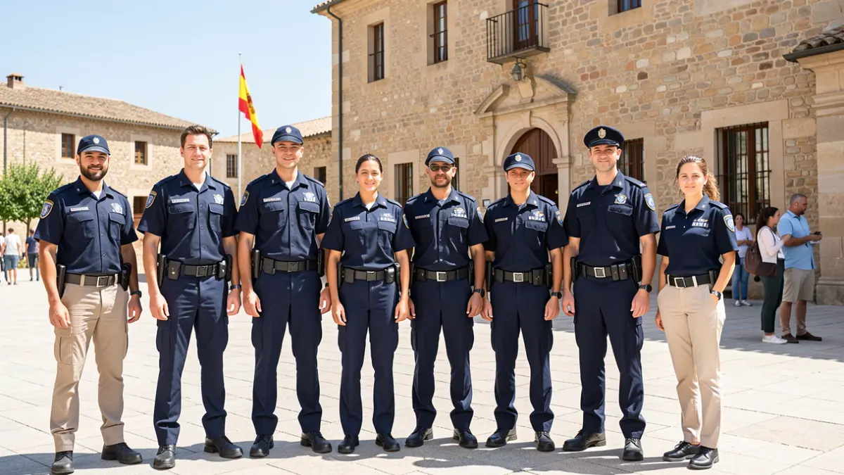 Imagen genérica de ocho nuevos agentes de policía local en formación frente a un edificio institucional.