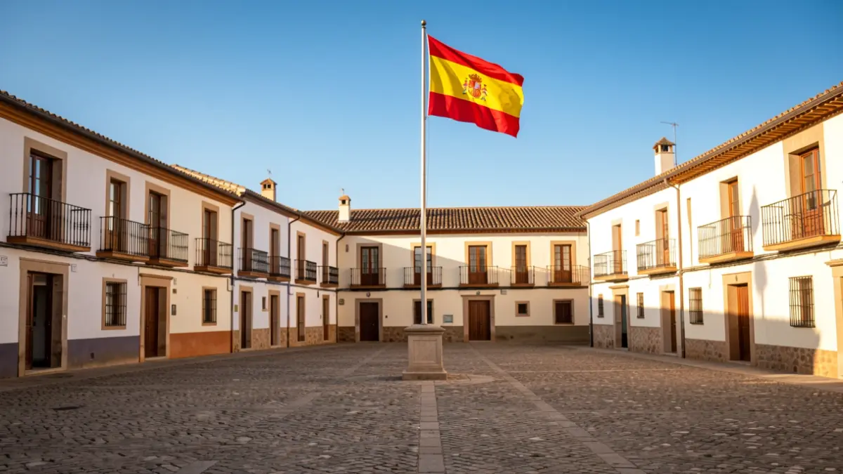 Imagen genérica de una plaza española con un mástil y una bandera siendo izada.