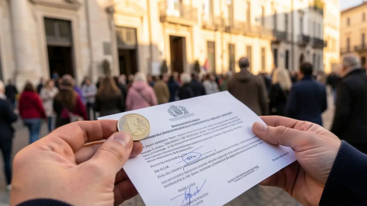 Generic image of hands holding a euro coin and an official document with seals, symbolizing a public grant.
