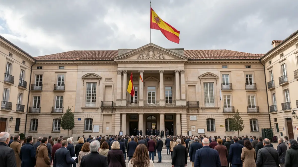Generic image of a town hall facade with a flag at half-mast.