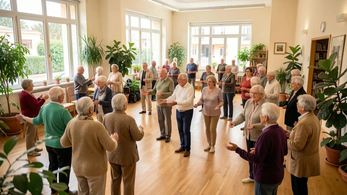 Imagen de personas mayores realizando ejercicios de gimnasia en un centro comunitario.