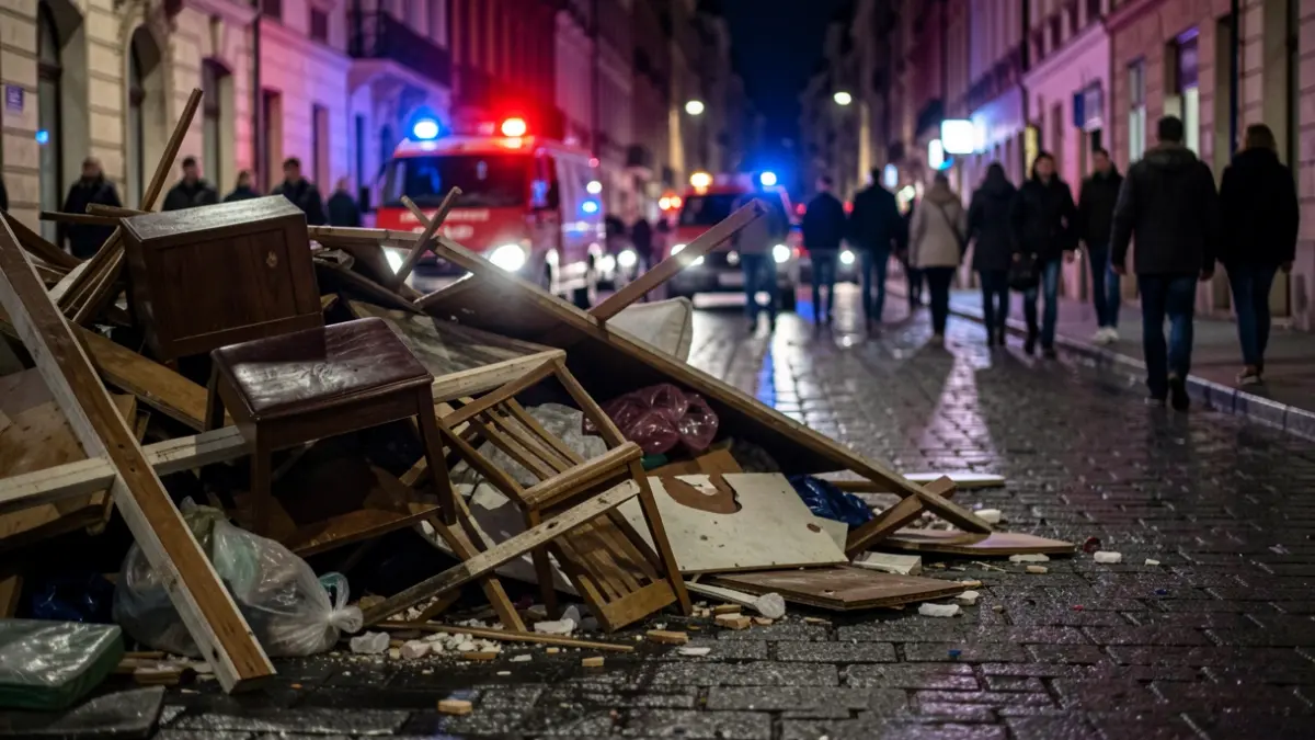 Image of discarded waste and furniture on a street in Coslada at night, with emergency lights.