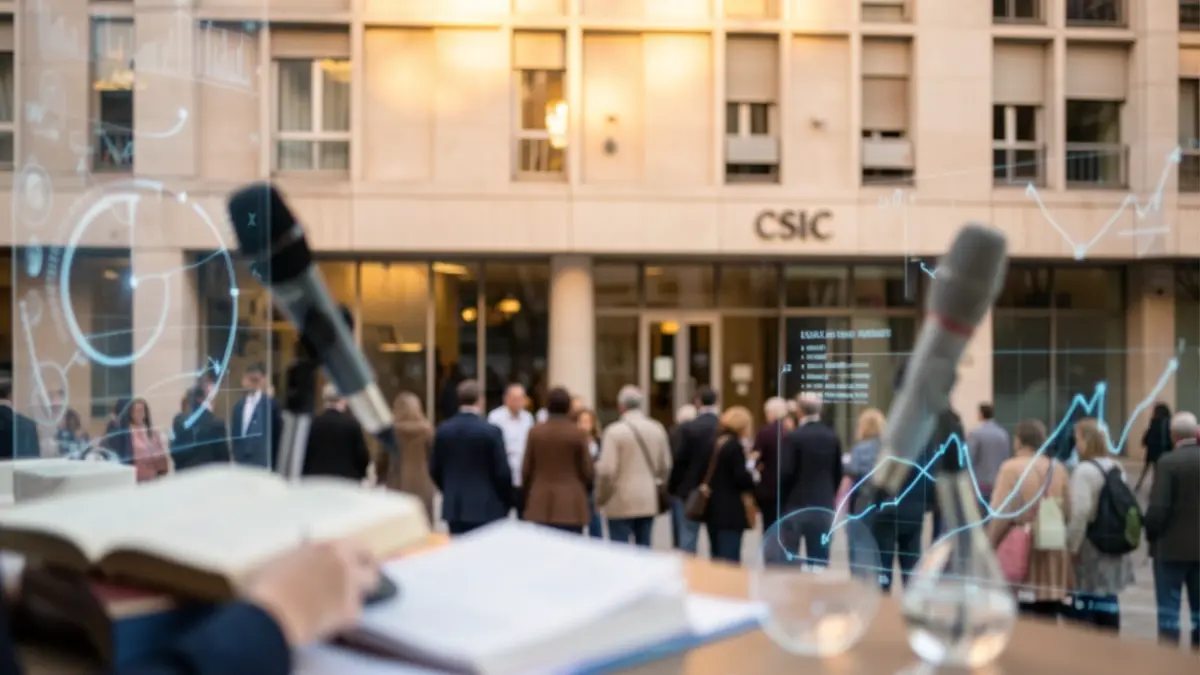 Imagen genérica de una representación simbólica de la comunicación científica, con elementos borrosos como micrófonos y libros, y la fachada de una institución.