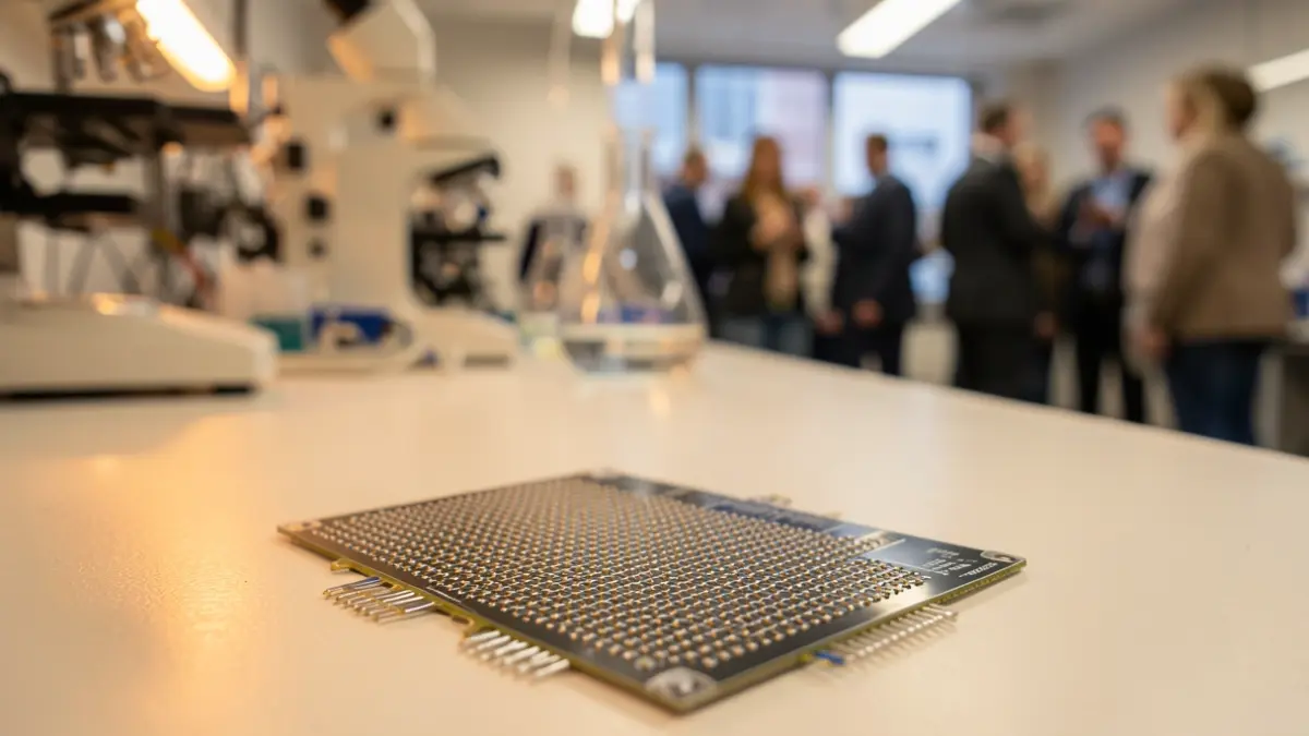 Generic image of a graphene biosensor in a laboratory, with out-of-focus scientific equipment in the background.