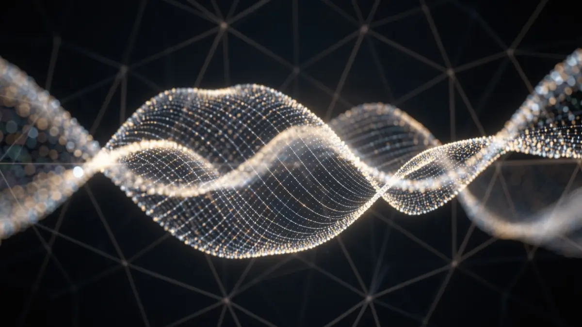 Generic image of a hybrid light-matter excitation, depicted as intertwined particles and waves.