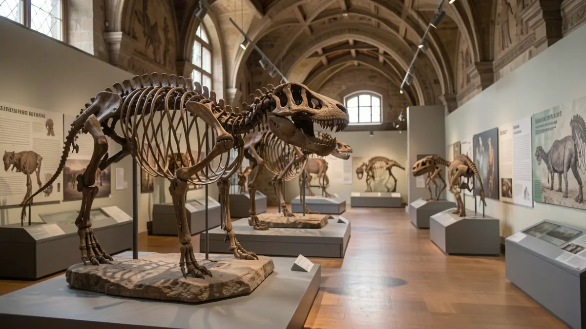 Generic image of a museum exhibition hall with prehistoric animal fossils and replicas.