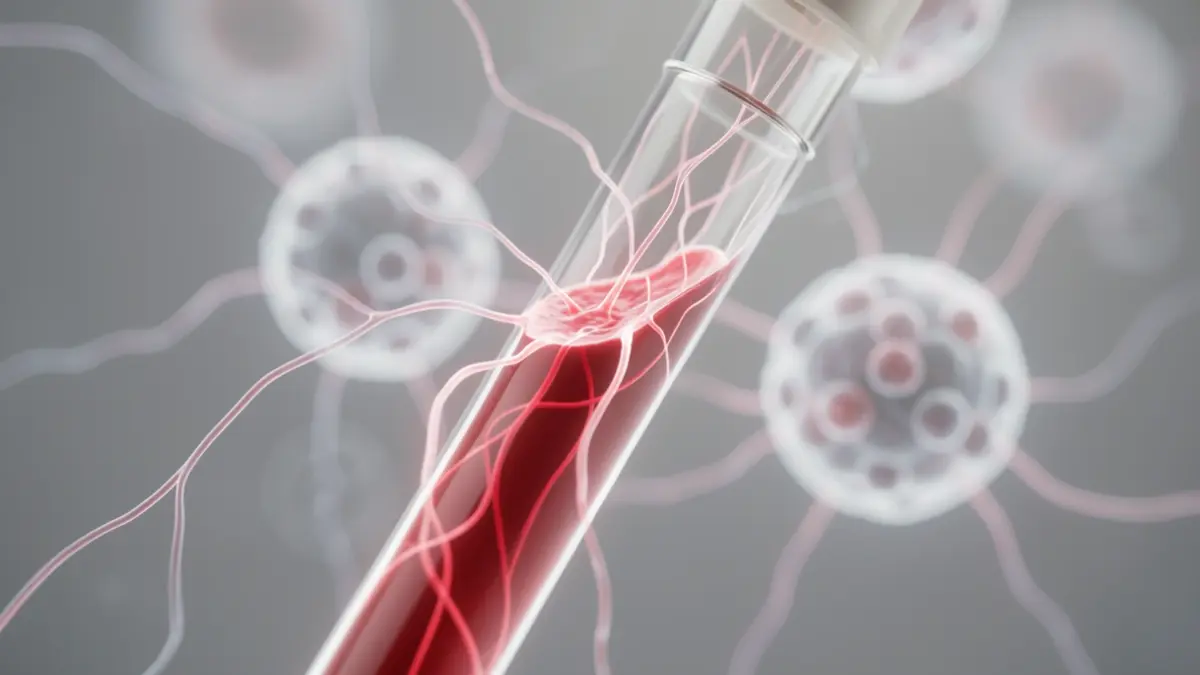 Image of a blood analysis with abstract representations of neurons and cells.