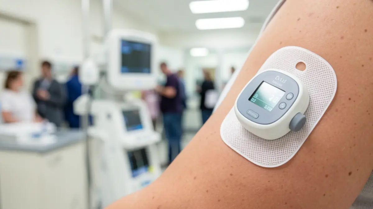 Imagen de una bomba de insulina automatizada sin catéter, una tecnología médica avanzada para el tratamiento de la diabetes tipo 1.