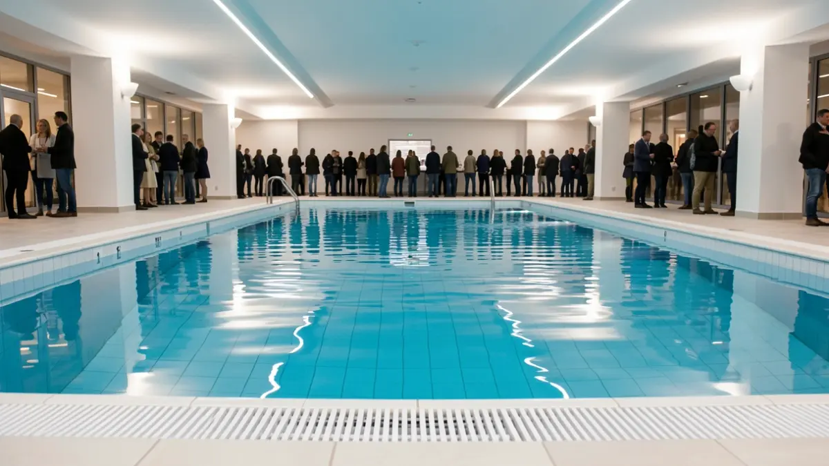 Imagen genérica de una piscina interior limpia y moderna con agua azul y bordes de baldosas blancas.