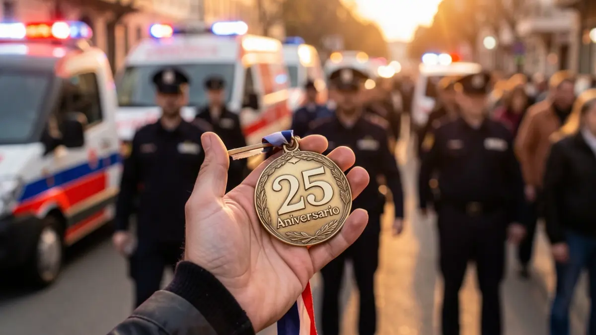 Generic image of a hand holding a commemorative medal with a blurred background of emergency vehicles.