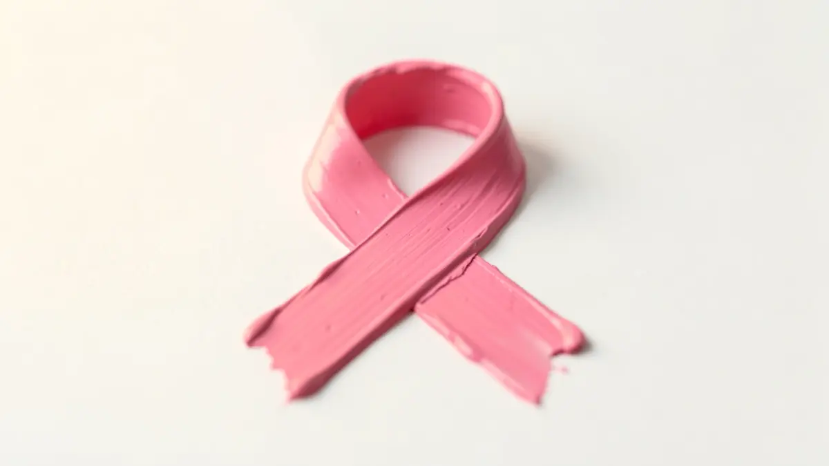 Generic image of a pink ribbon made with tempera paint on a white background.