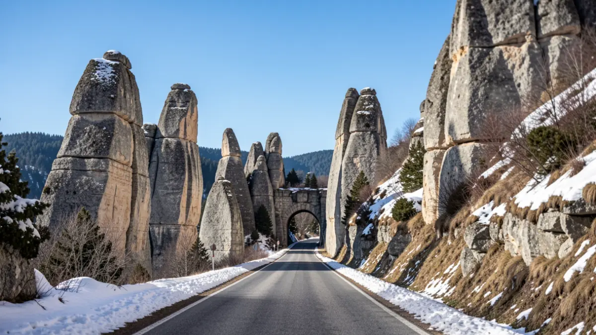 View of the rock formations of La Pedriza in the Sierra de Guadarrama with the access road.
